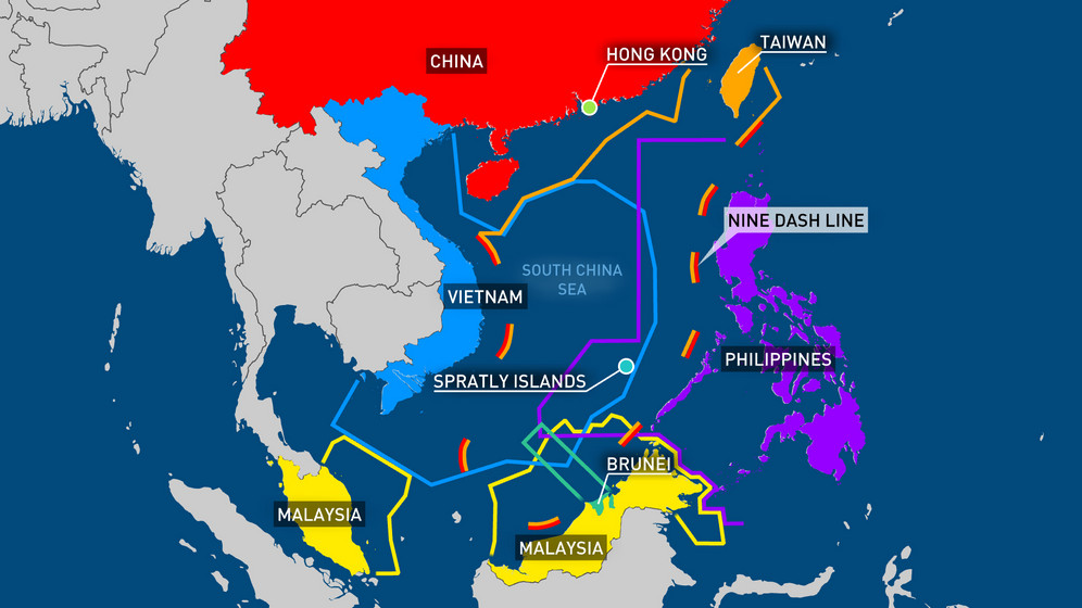 Map of Asian country territorial water claims in South China Sea, including China’s Nine Dash Line